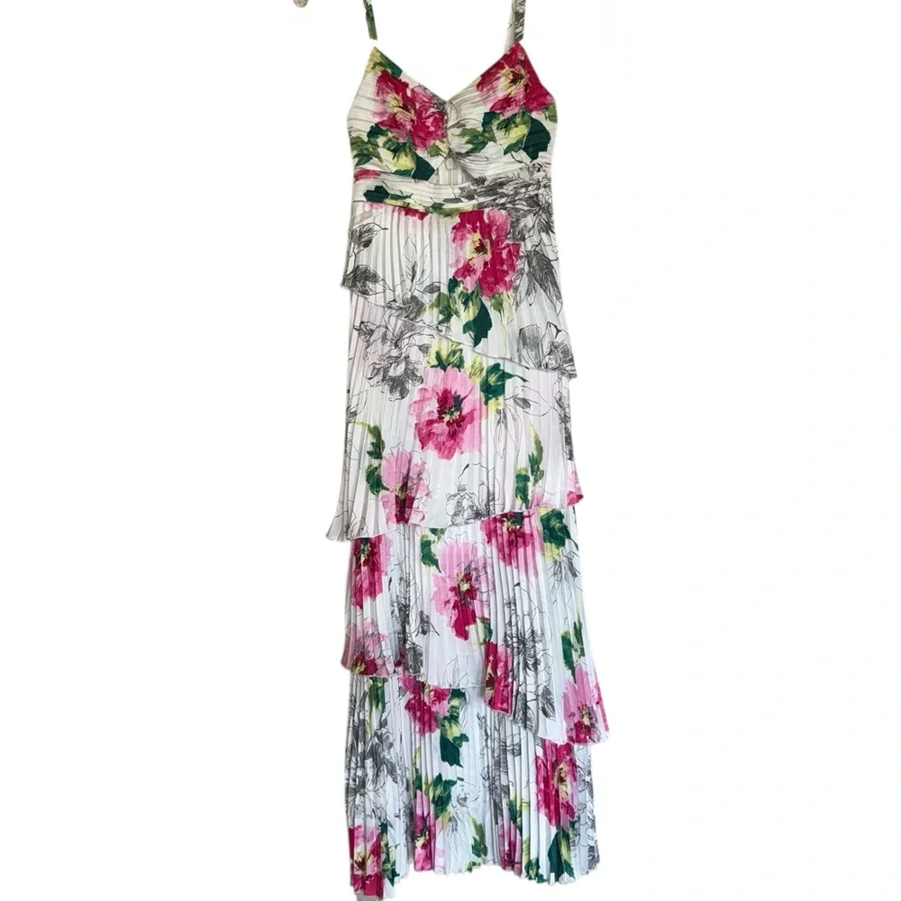 NWT Abercrombie & Fitch A&F Giselle Pleated Tiered Maxi Dress Satin White Floral